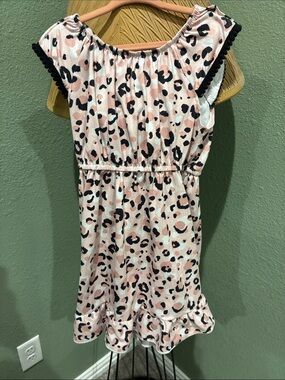 Girls Pink Leopard Print Ruffle Dress with Black Trim